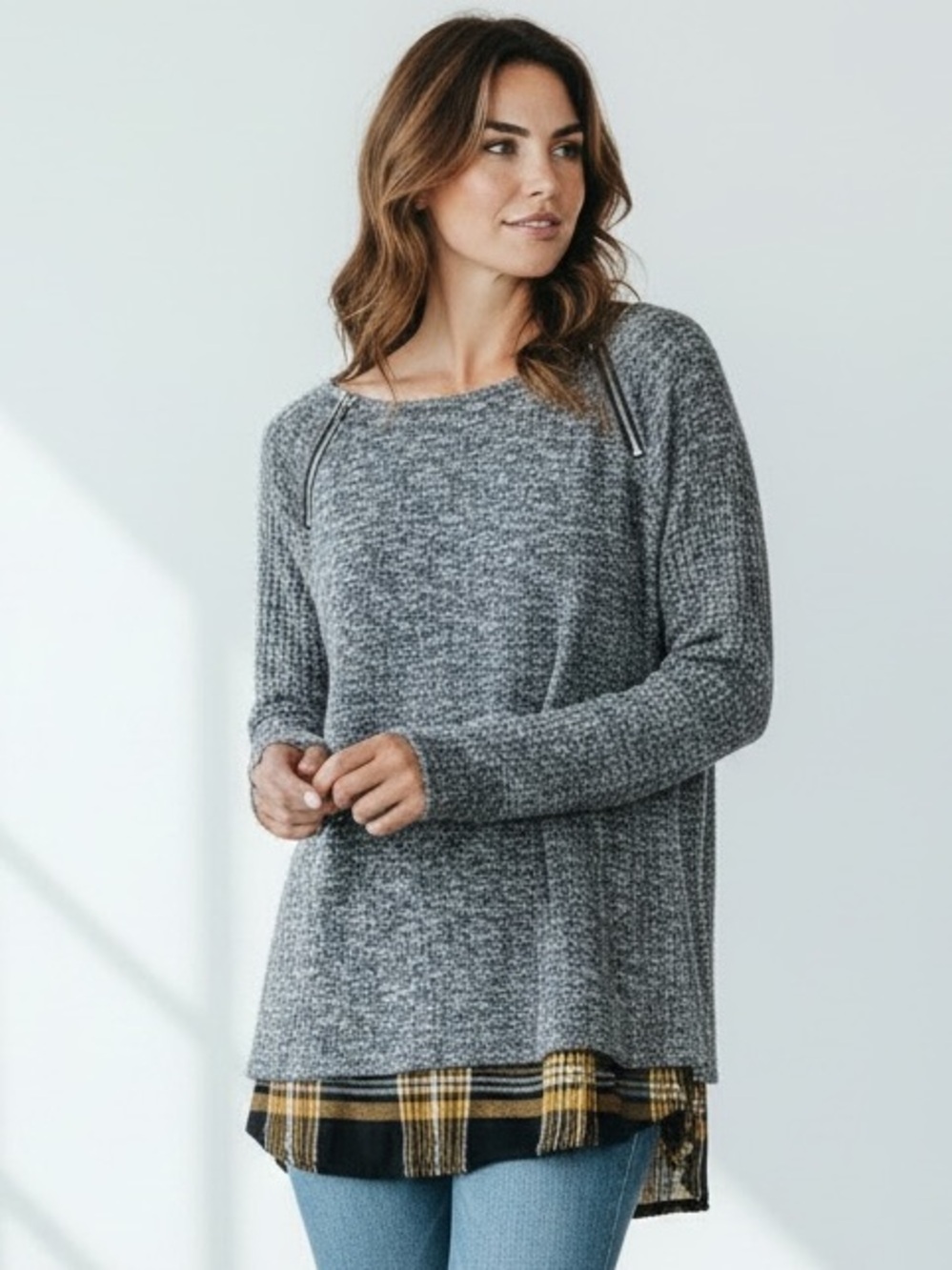 Cato Gray Knit Layered Top Plaid Hem Zipper Shoulder Cozy Size M